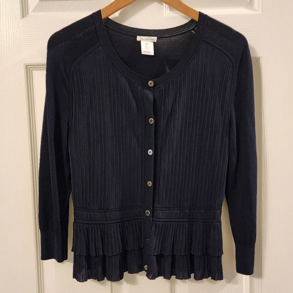 Oscar de la Renta Navy Button Front Ruffle Hem Cardigan Size: L - Picture 13 of 16